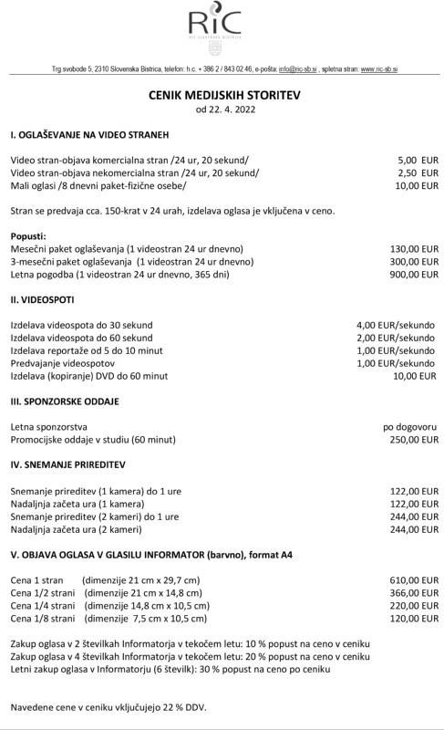 RIC - Cenik medijskih storitev - 22